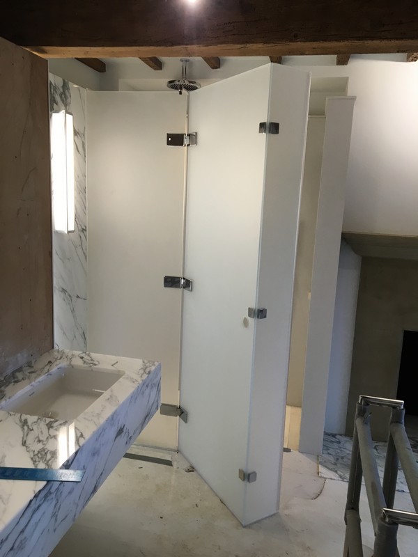 Bespoke frosted glass shower enclosure in Leyton luxury bathroom